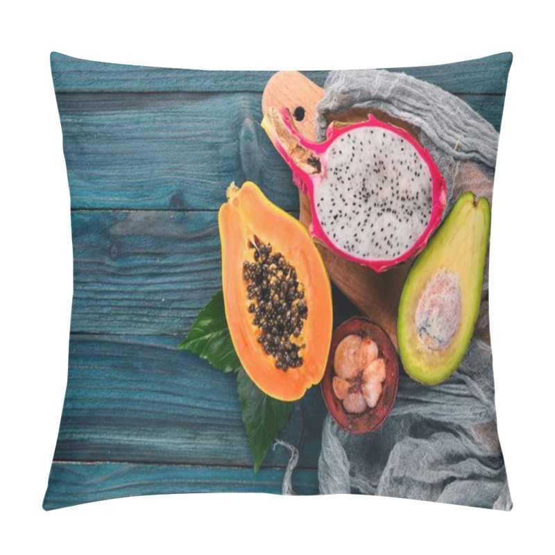 Personality  Dragon Fruit, Avocado, Papaya And Mangosteen. Tropical Fruits. On A Wooden Background. Top View. Copy Space. Pillow Covers