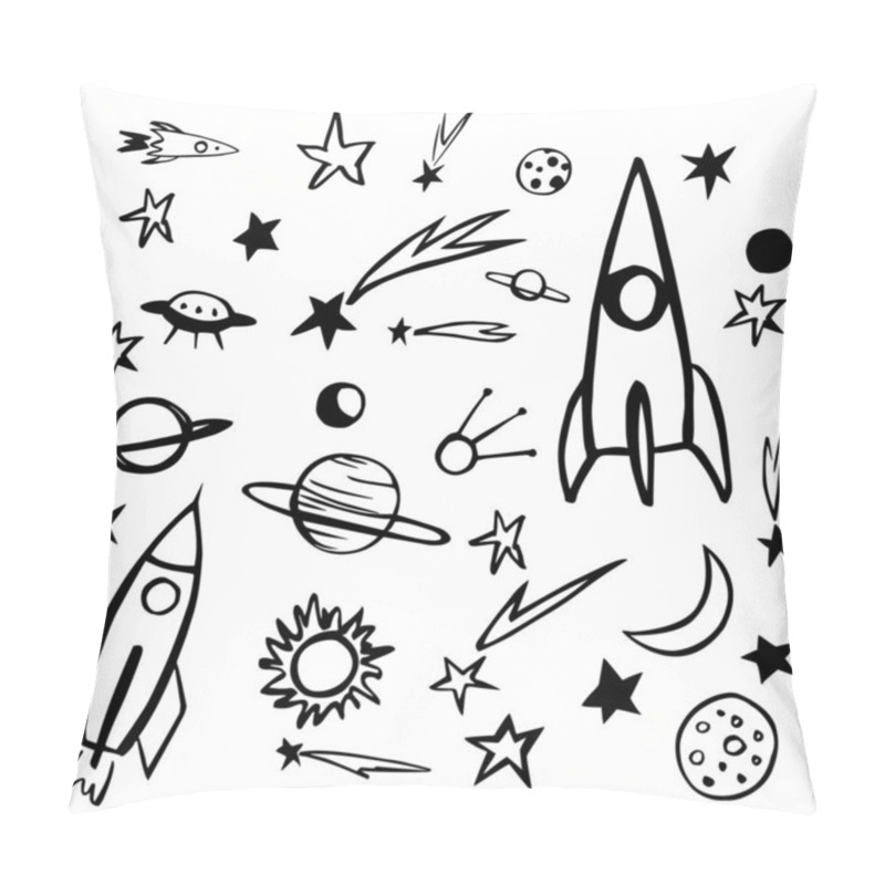 Personality  Hand Drawn Space Objects. Planets, Comets, Rockets.Vector Sketch  Illustration. Pillow Covers