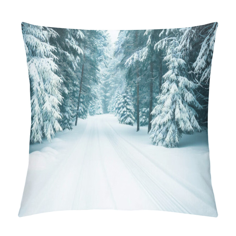 Personality  Serene Snowy Road Through A Tranquil Winter Forest. Pillow Covers