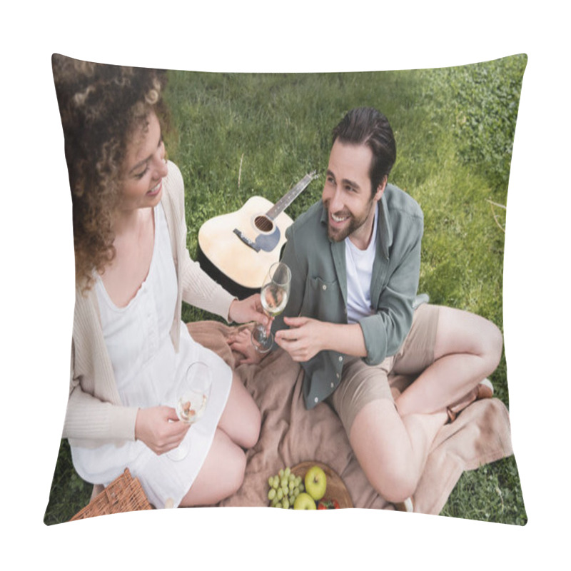 Personality  High Angle View Of Happy Curly Woman Passing Glass Of Wine To Boyfriend During Summer Picnic Pillow Covers