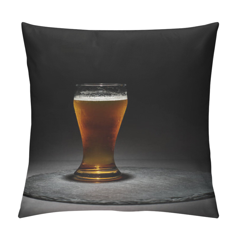 Personality  Glass Of Craft Beer Or Lager With Foam In Chilled Glass On Slate Coaster On Black Background Pillow Covers