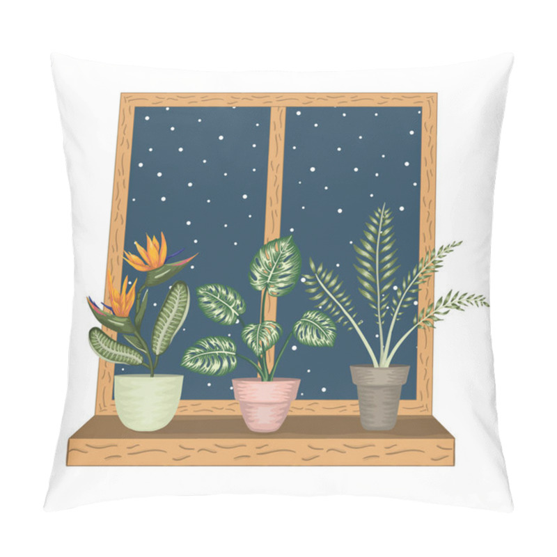 Personality  Window With Tropical Houseplants In Pots. Snowy Weather View Pillow Covers