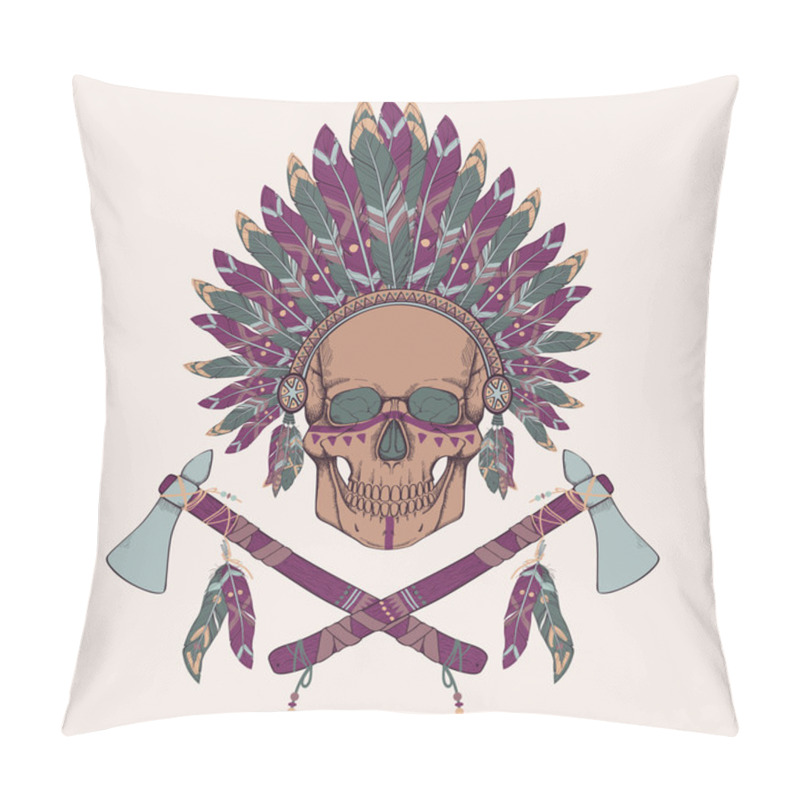 Personality  Vector Illustration Of Human Skull In Native American Indian Chief Headdress, Tomahawks Pillow Covers