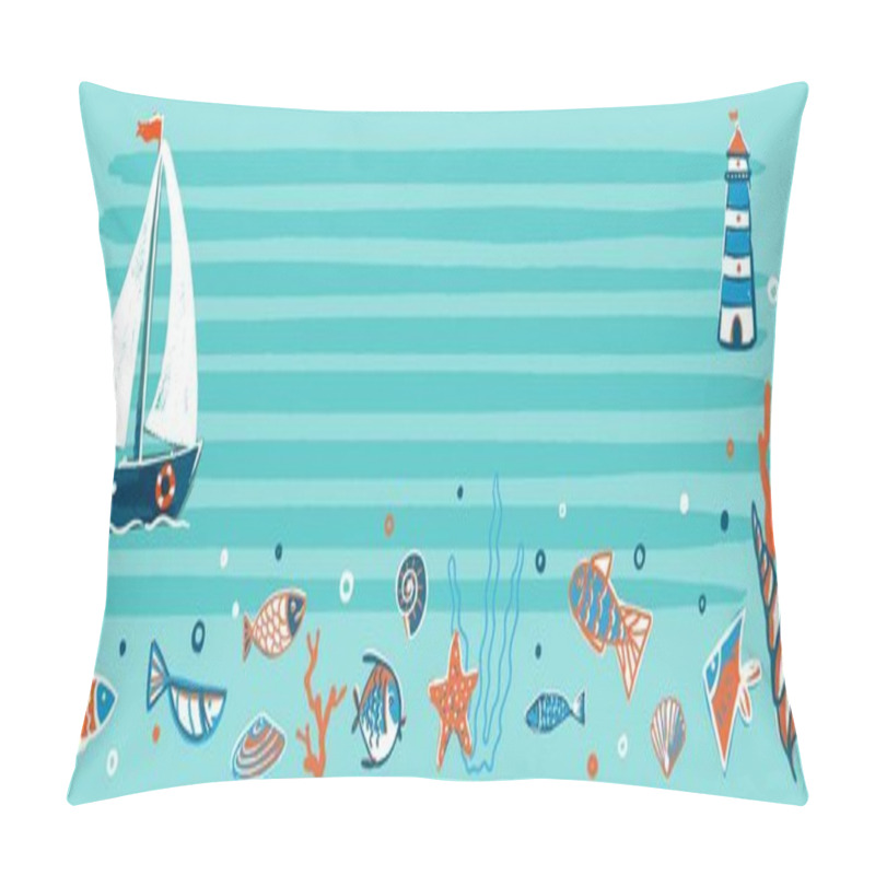 Personality  Horizontal Banner. An Illustration On A Nautical Theme. White Sailboat On A Strip Of Water With Marine Fauna. Pillow Covers