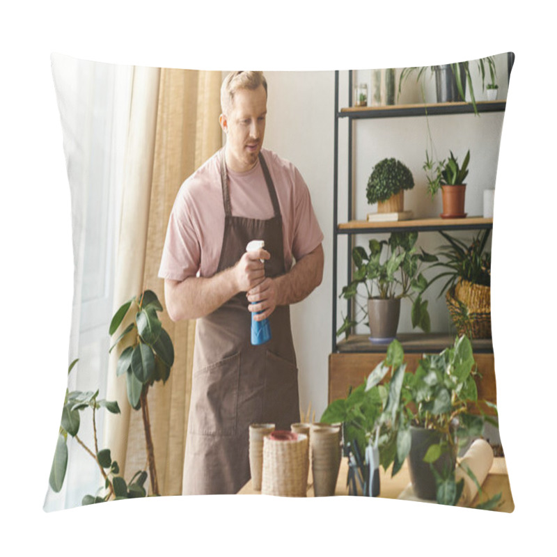 Personality  A Man Tends To Potted Plants On A Table In A Botanical Setting. Pillow Covers