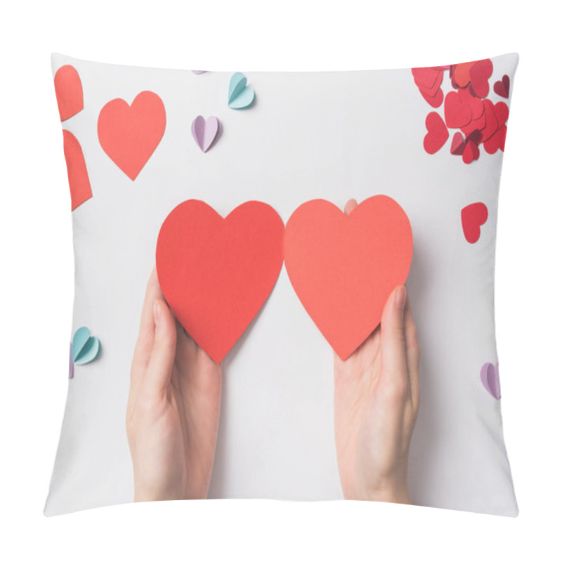 Personality  Partial View Of Woman Holding Blank Red Heart Shaped Hearts On White Background Pillow Covers