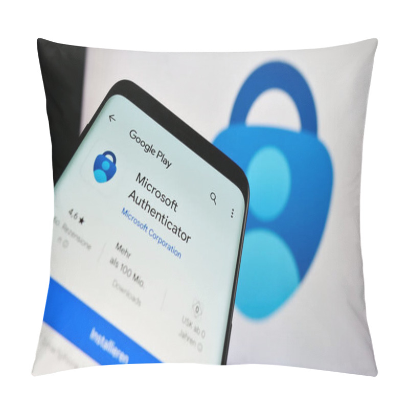 Personality  Stuttgart, Germany - 11-14-2023: Mobile Phone With Website Of Authentication App Microsoft Authenticator In Front Of Company Logo. Focus On Top-left Of Phone Display. Pillow Covers