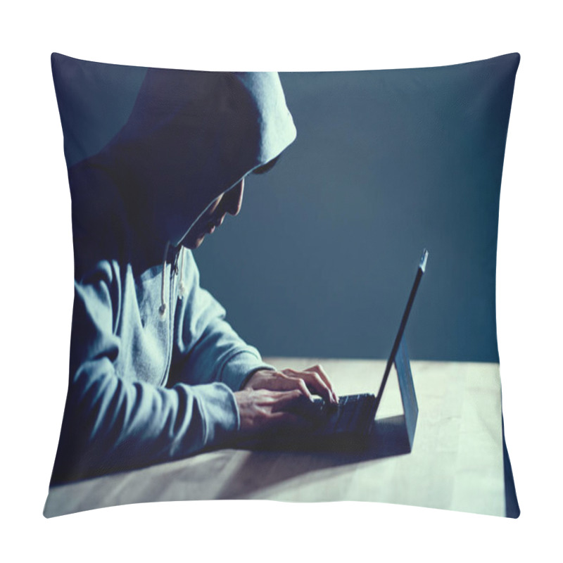 Personality  Male Hacker Writing Code On A Laptop Pillow Covers