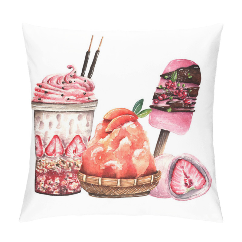 Personality  Watercolor Illustration. Sweet Summer, Shaved Ice, Milkshake, Mochi, Ice Cream, Handmade, Postcard, Print On T-shirt Pillow Covers