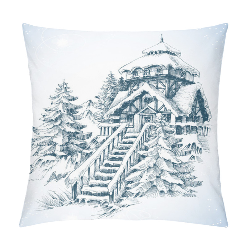 Personality  Winter Nature, Pine Trees And House In The Snow Sketch  Pillow Covers