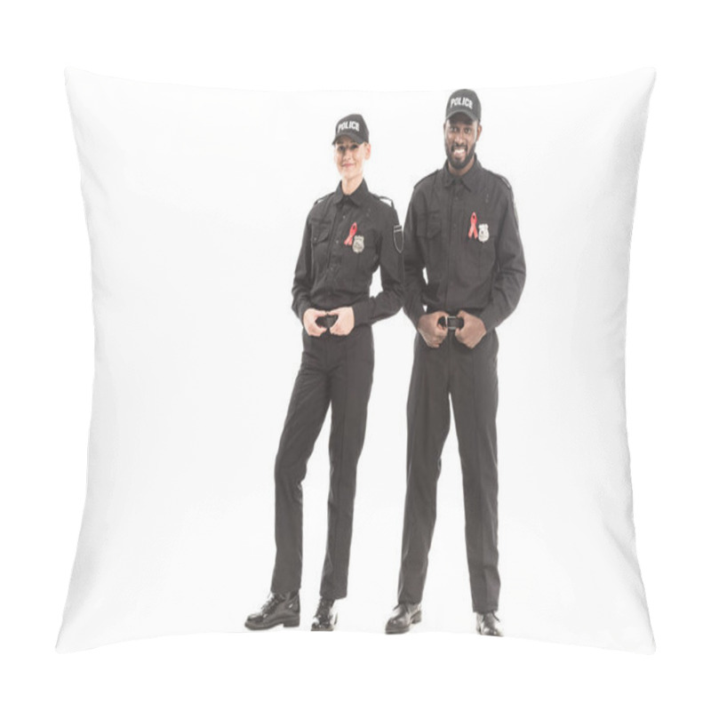 Personality  Confident Young Police Officers With Aids Awareness Red Ribbons Looking At Camera Isolated On White Pillow Covers