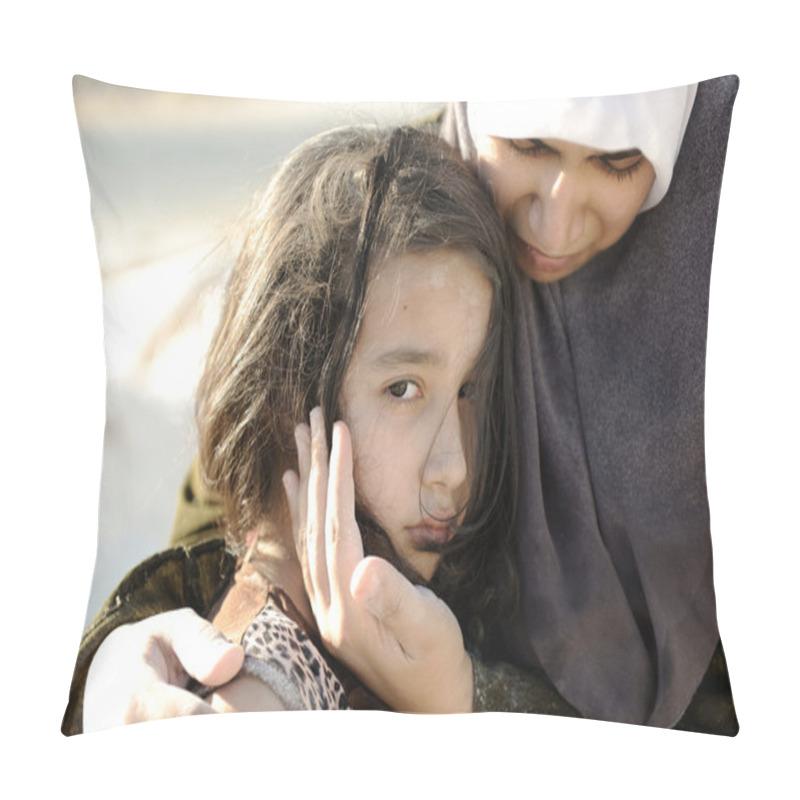 Personality  Poverty And Poorness On The Children Face. Sad Little Girl. Refugee. In Muslim Mother's Arms. Pillow Covers