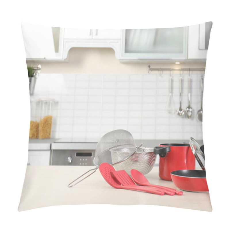 Personality  Set Of Clean Cookware And Utensils On Table In Kitchen. Space For Text Pillow Covers