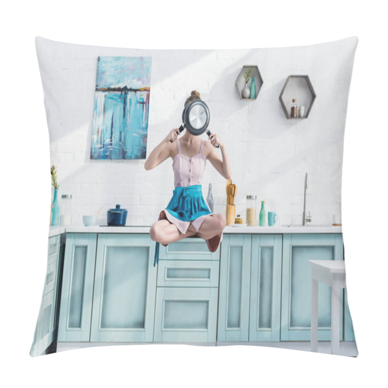 Personality  Young Woman Flying In Air In Lotus Pose With Pans In Front Of Face Pillow Covers