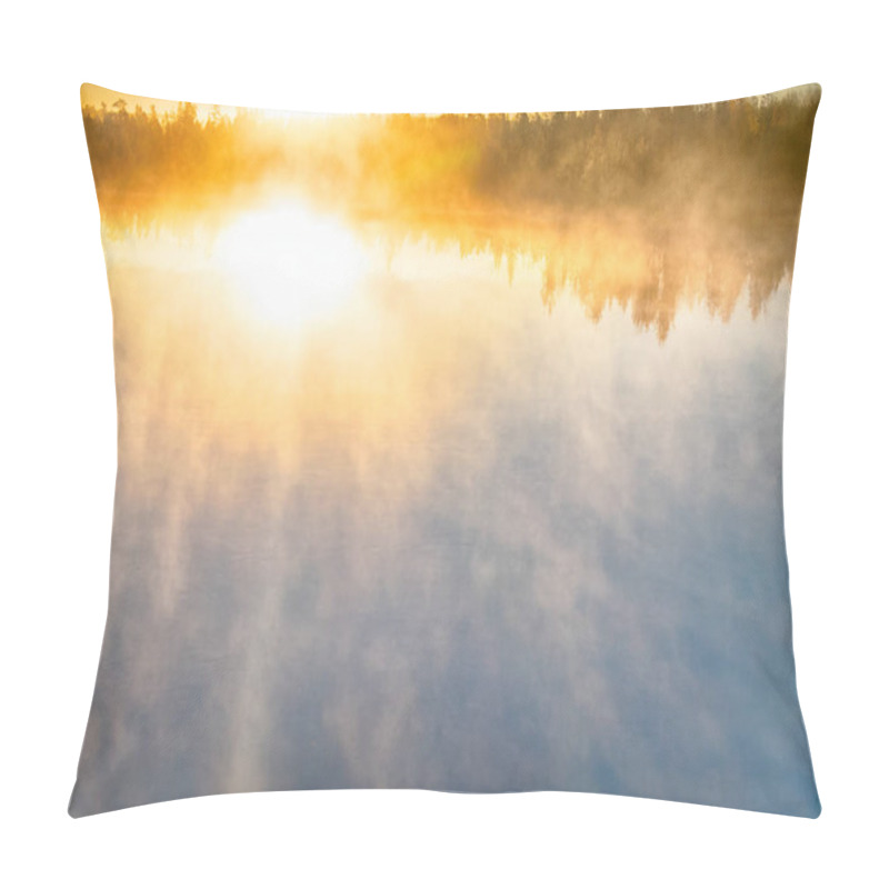 Personality  Spectacular Dawn (positive Mood). Fog Creeps Over River On Rising Sun Background Pillow Covers