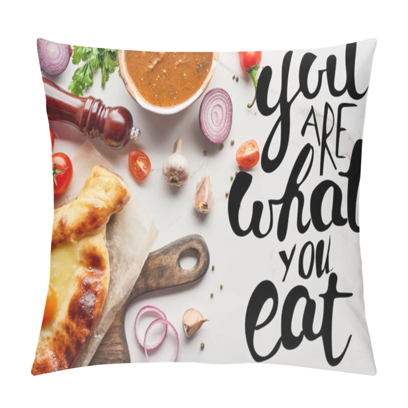 Personality  Top View Of Adjarian Khachapuri, Soup Kharcho, Vegetables And Spices On Marble Texture, You Are What You Eat Illustration Pillow Covers