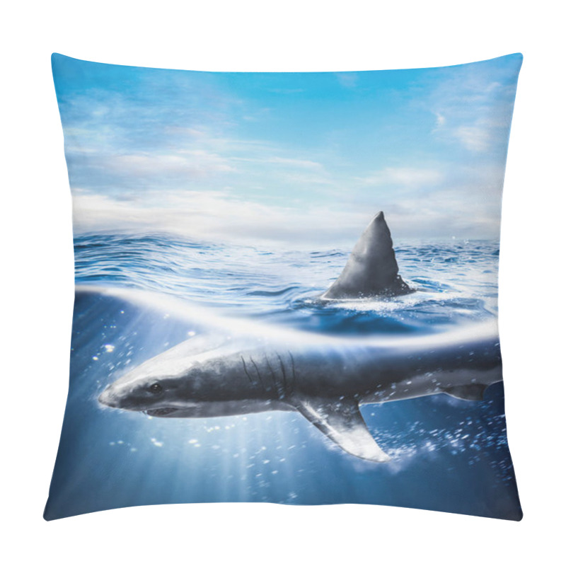 Personality  Great White Shark Swimming Underwater With Light Rays / 3d Rendering / Mixed Media Pillow Covers