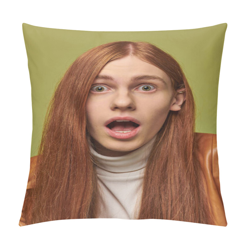 Personality  Young Man Expresses Surprise With Wide Eyes And Open Mouth, Showcasing Vivid Emotions. Pillow Covers