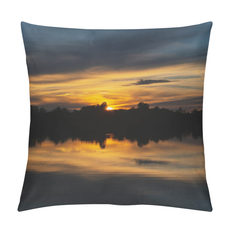 Personality  Atmospheric Sunset Behind Trees And Reflection In Water. Pillow Covers