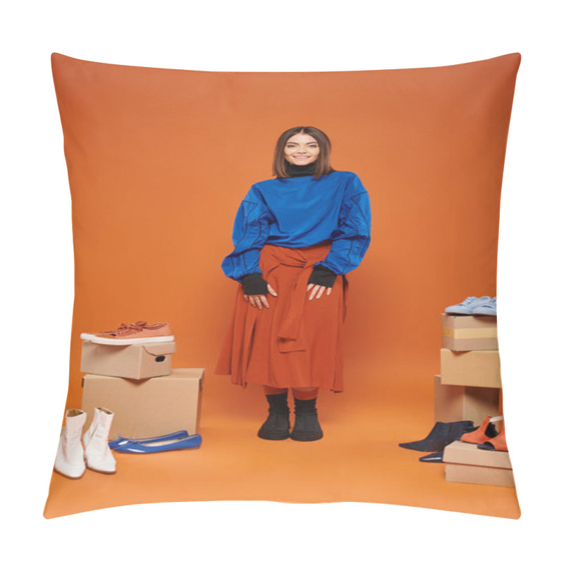 Personality  Happy Woman In Autumnal Clothes Standing Near Boxes With Different Shoes On Orange, Black Friday Pillow Covers