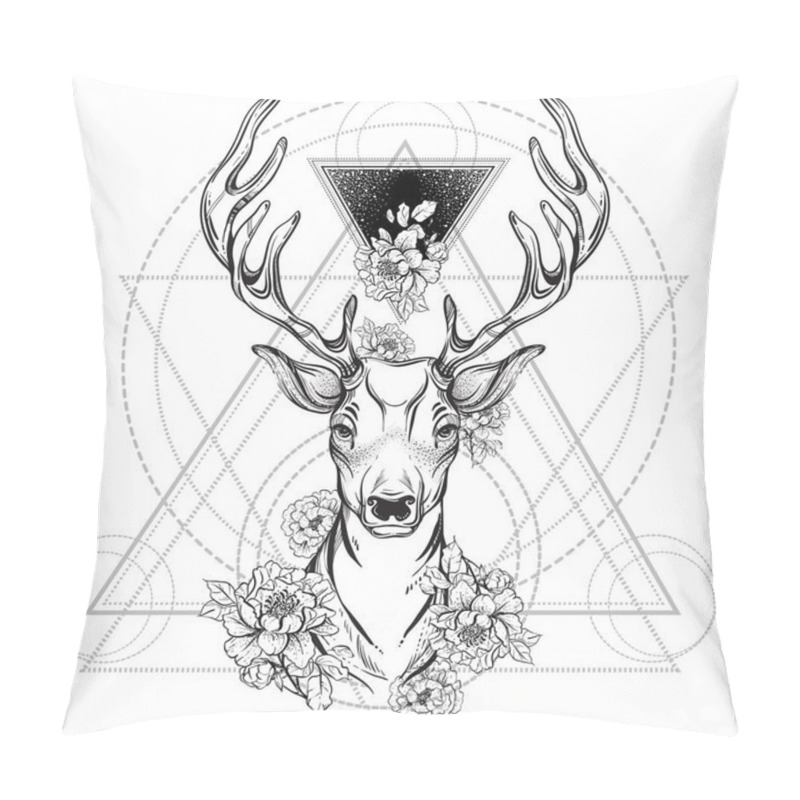 Personality  Deer Head With Peony Flowers And Sacred Geometry. Vector Illustration Isolated On White. Boho Style, Tattoo Design, Mystic Symbol, Astronomy, Dark Romance. Pillow Covers