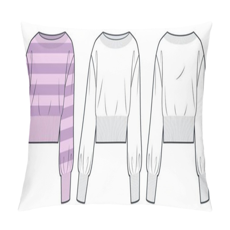 Personality  Sweater Technical Fashion Illustration, Striped Design. Sweatshirt Fashion Flat Technical Drawing Template, Boat Neck, Balloon Sleeve, Cropped, Front And Back View, White, Lilac, Women, Men, Unisex CAD Mockup Set. Pillow Covers