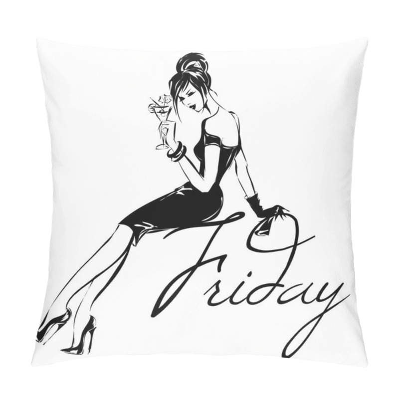 Personality  Black And White Retro Fashion Woman Model Silhouette Drinking Martini Cocktail At Friday Party. Sketch Style Hand Drawn Vector Illustration Pillow Covers