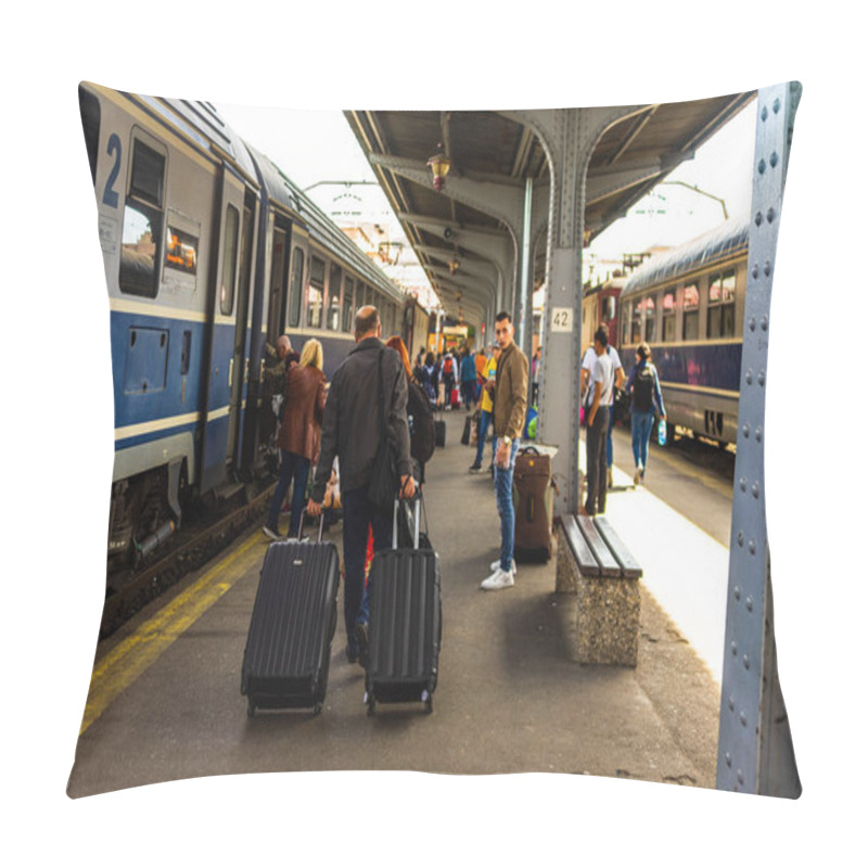 Personality  Travelers And Commuters Waiting For A Train On The Train Platform Of Bucharest North Railway Station (Gara De Nord Bucharest) In Bucharest, Romania, 2022 Pillow Covers