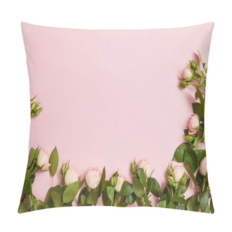 Personality  Top View Of Beautiful White Roses With Green Leaves Arranged On Pink Background Pillow Covers