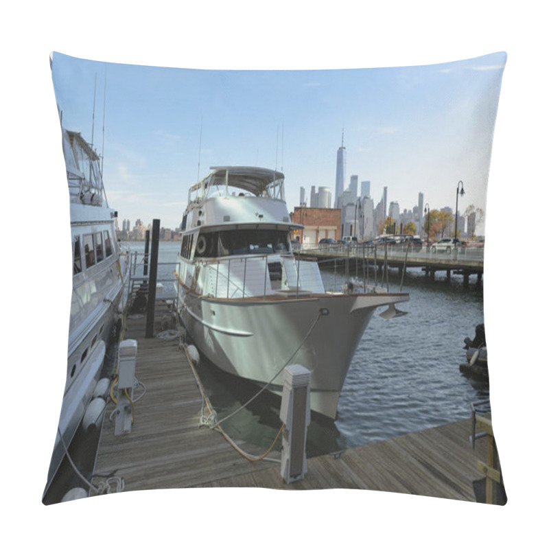 Personality  White Yachts Near Pier On Hudson River With New York Cityscape On Background Pillow Covers