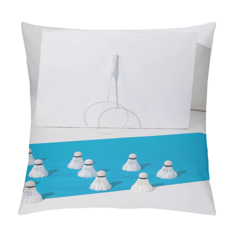 Personality  Badminton Racket At White Cube And Shuttlecocks On Blue Paper  Pillow Covers