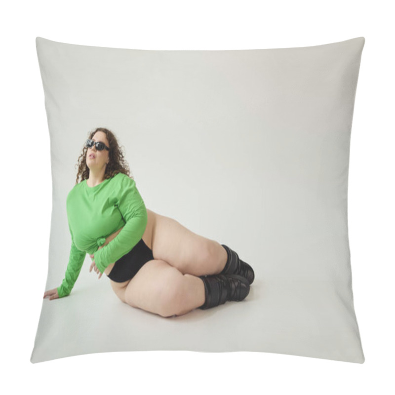 Personality  A Confident Plus Size Woman Showcases Her Unique Style In A Bold Green Outfit And Chic Accessories. Pillow Covers