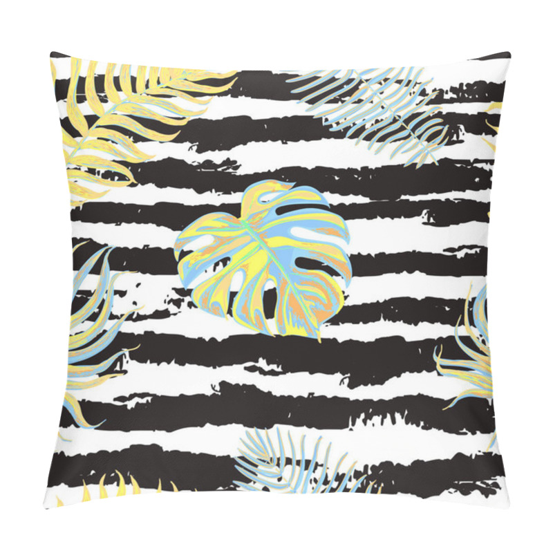 Personality  Seamless Pattern With Tropical Leaves On Black And White Striped Background. Pillow Covers