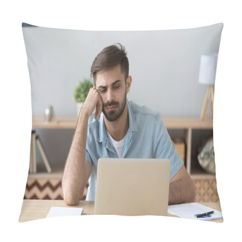 Personality  Tired Student Or Employee Working With Laptop, Doing Boring Job Pillow Covers