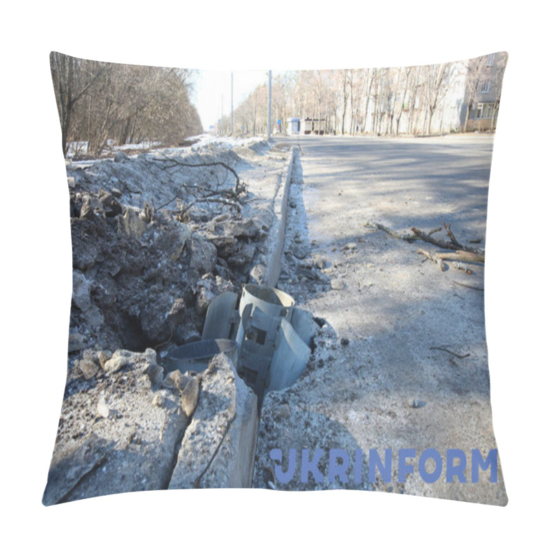 Personality  KHARKIV, UKRAINE - FEBRUARY 24, 2022 - A Rocket Is Embedded In A Road After Shelling By Russian Troops Of A Residential Area In Piatykhatky, Kharkiv, Northeastern Ukraine.  Pillow Covers