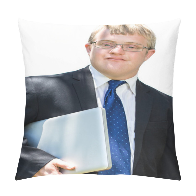 Personality  Handicapped Businessman Holding Laptop. Pillow Covers