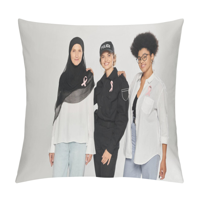 Personality  Positive And Different Interracial Women With Breast Cancer Pink Ribbons Isolated On Grey Pillow Covers