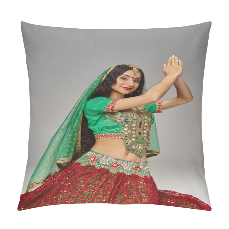 Personality  Vertical Shot Of Young Cheerful Indian Woman In National Attire With Bindi Dot Looking At Camera Pillow Covers