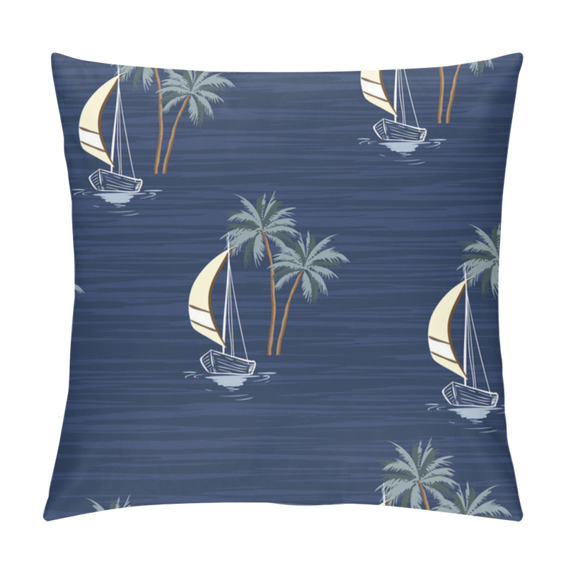 Personality  Hand Drawn Summer Sail Boat With Palm Trees Isaland Seamless Pattern In Vector EPS10 ,Design For Fashion,fabric,web,wallpaper,wrapping And All Prints On Monotone Blue Ocean  Background Color Pillow Covers