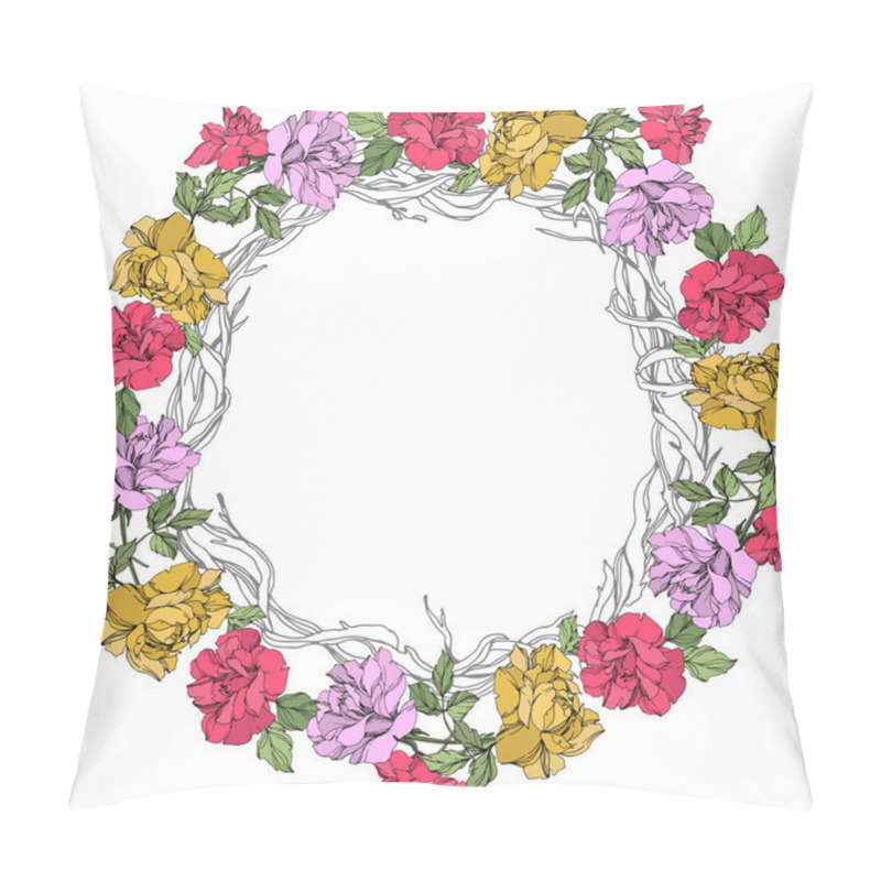 Personality  Vector Wreath Of Roses With Leaves Isolated On White With Copy Space. Engraved Ink Art. Frame Border Ornament. Pillow Covers