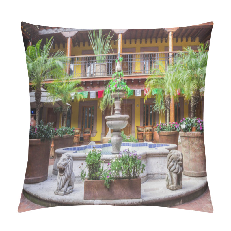 Personality  Antique Fountain At Garden Of Hotel. Blue Water Flowing From Stone Fountain. Design Of Antique Fountain Patzcuaro Mexico Pillow Covers