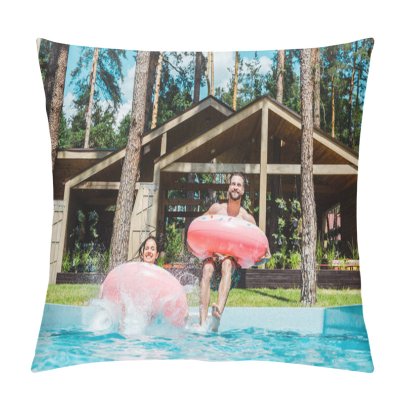 Personality  Happy Man And Woman With Inflatable Rings Jumping In Swimming Pool  Pillow Covers