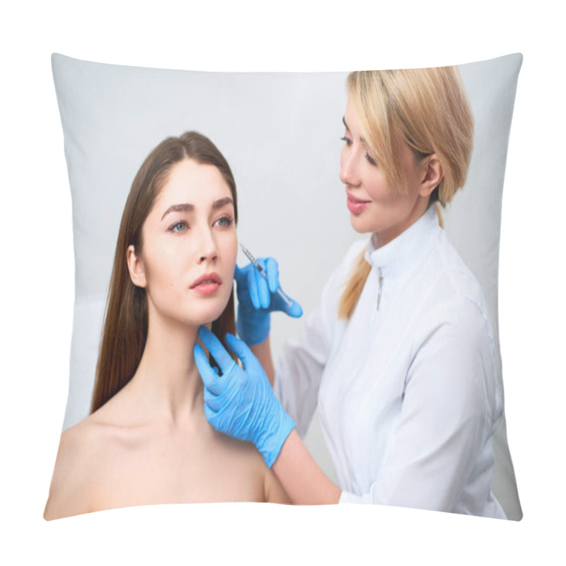 Personality  Beautician Doctor With Botulinum Toxin Syringe Making Injection To To Remove Crows Feet. Cheek Volume Enhance Mesotherapy. Anti-aging Treatment And Face Lift In Cosmetology Clinic. Pillow Covers