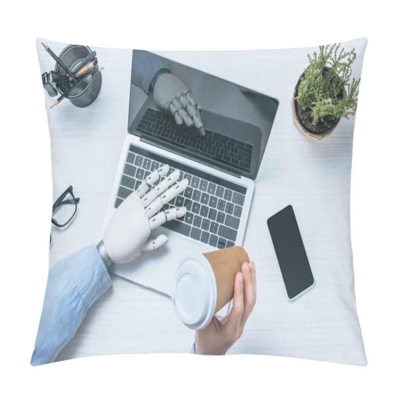 Personality  Partial View Of Businessman With Prosthetic Arm Drinking Coffee From Paper Cup And Using Laptop At Table In Office  Pillow Covers