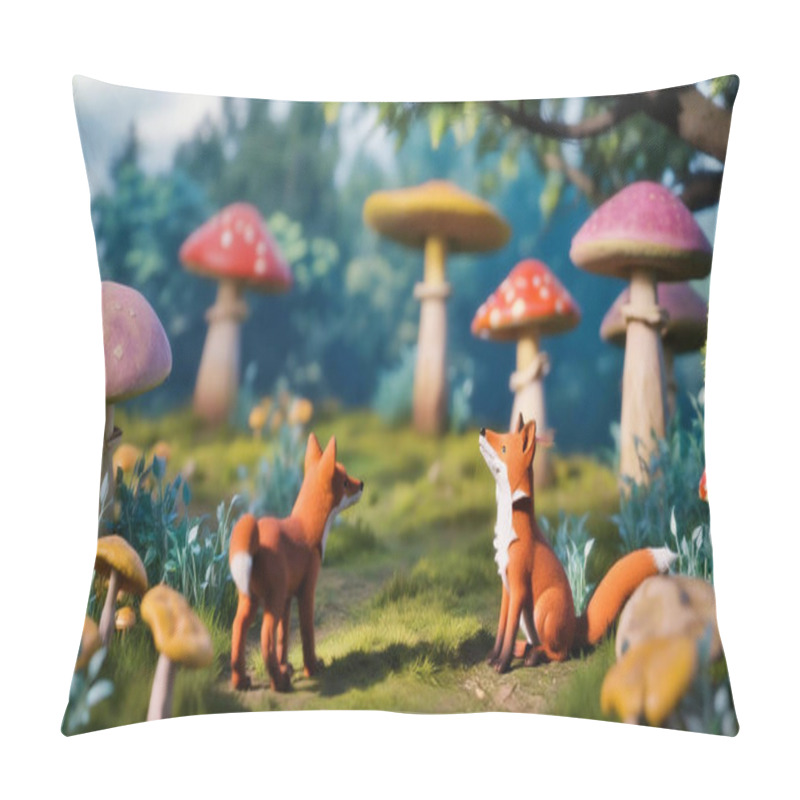 Personality  Craft A Scene Where A Curious Fox Investigates An Array Of Brightly Colored Mushrooms In A Sun-dappled Clearing. Pillow Covers