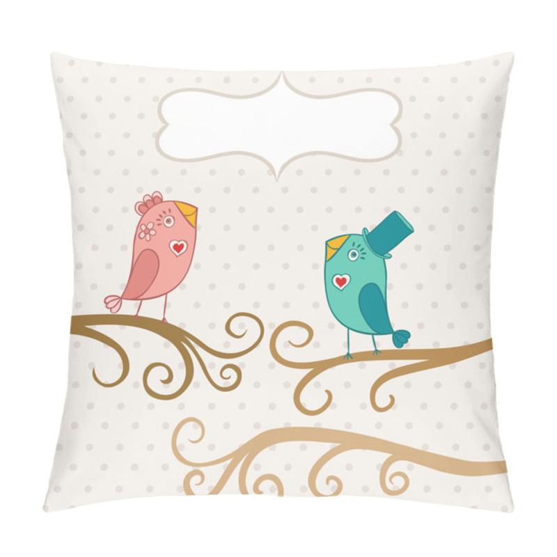 Personality  Beautiful Birds In Love.Illustration Of Cartoon Birds On Branch, Pillow Covers