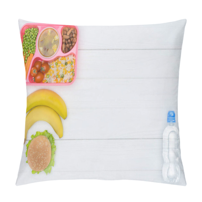 Personality  Top View Of Tray With Kids Lunch For School, Bananas And Plastic Bottle Of Water On White Table Pillow Covers