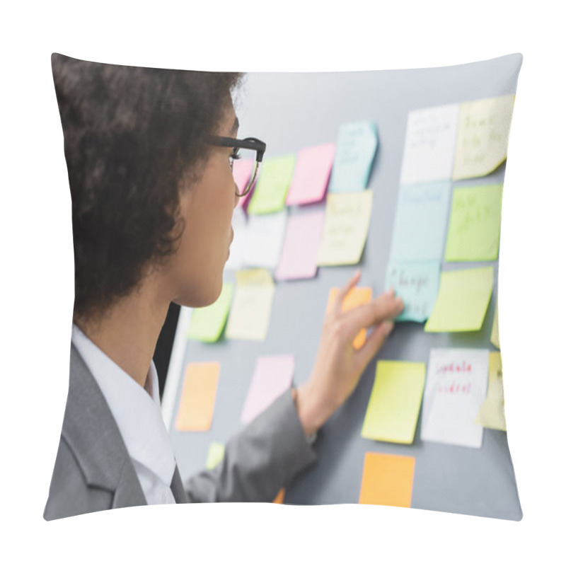 Personality  African American Businesswoman Standing Near Flipchart With Sticky Notes On Blurred Background  Pillow Covers