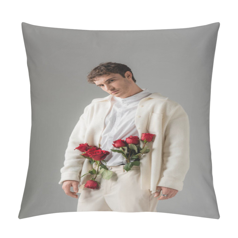 Personality  Stylish Man Looking At Camera While Posing With Red Roses In White Trousers Isolated On Grey Pillow Covers