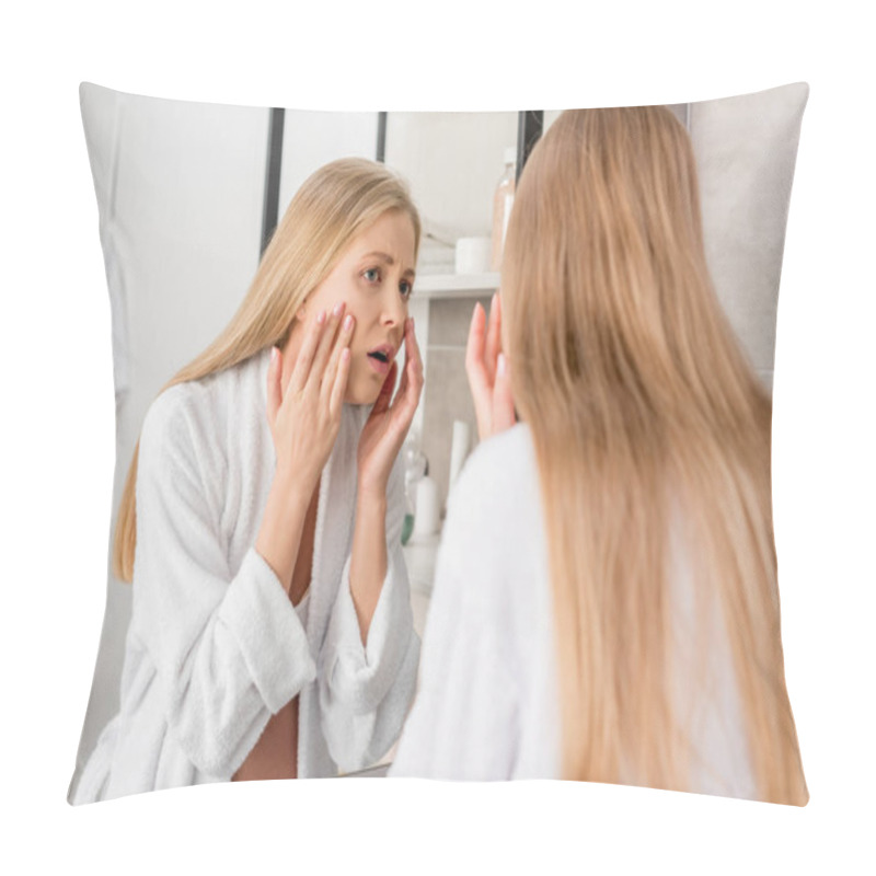 Personality  Adult Pregnant Woman With Skin Problems Looking At Her Face Through Mirror In Bathroom Pillow Covers